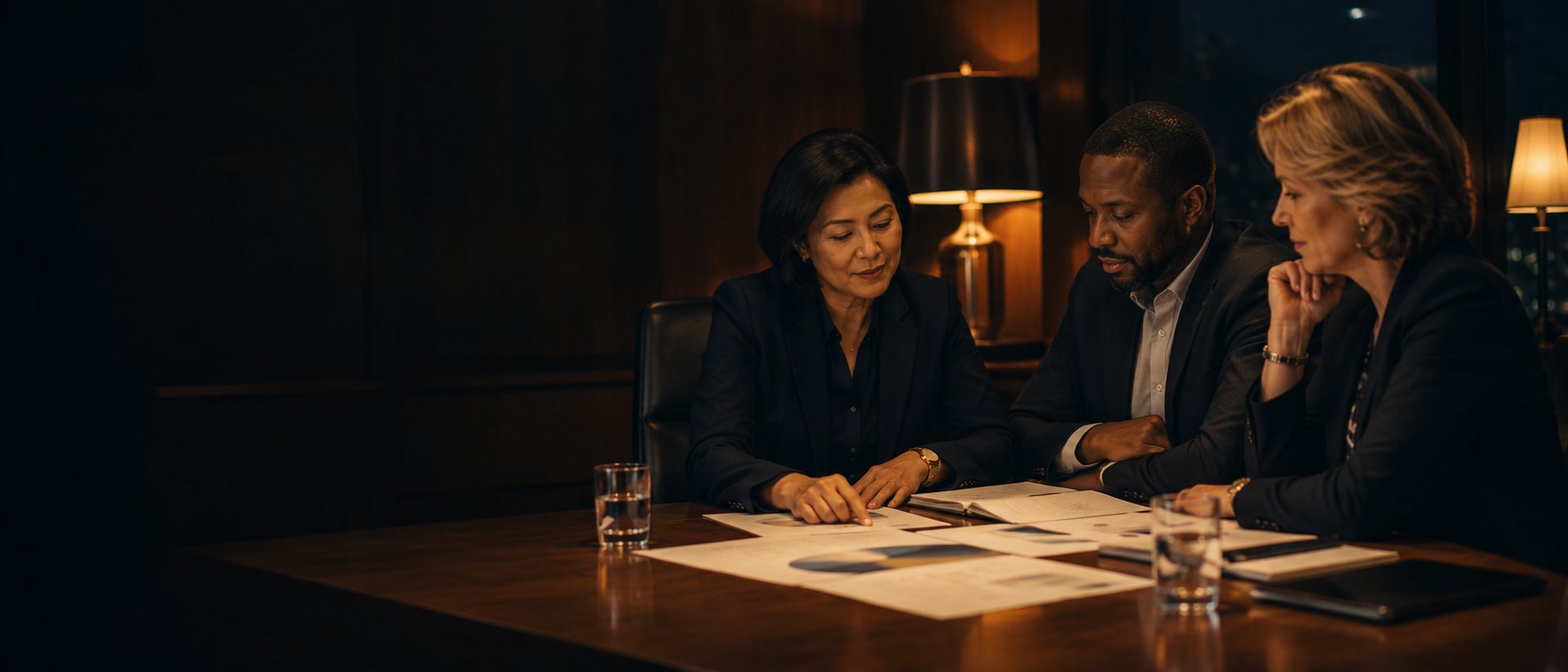 Executives reviewing results together around a boardroom table in the evening
